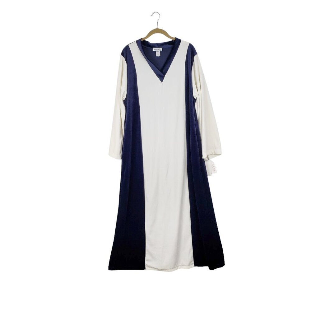 Lucie Ann II Velour Nightgown New Blue White Maxi Long Sleeve Vintage Size Large